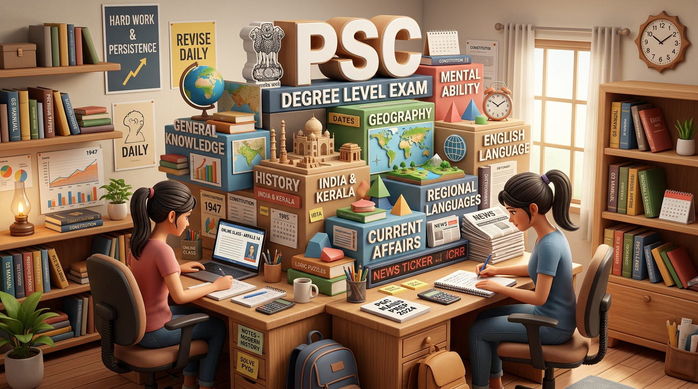 Two students studying at desks surrounded by PSC exam subject blocks and study materials