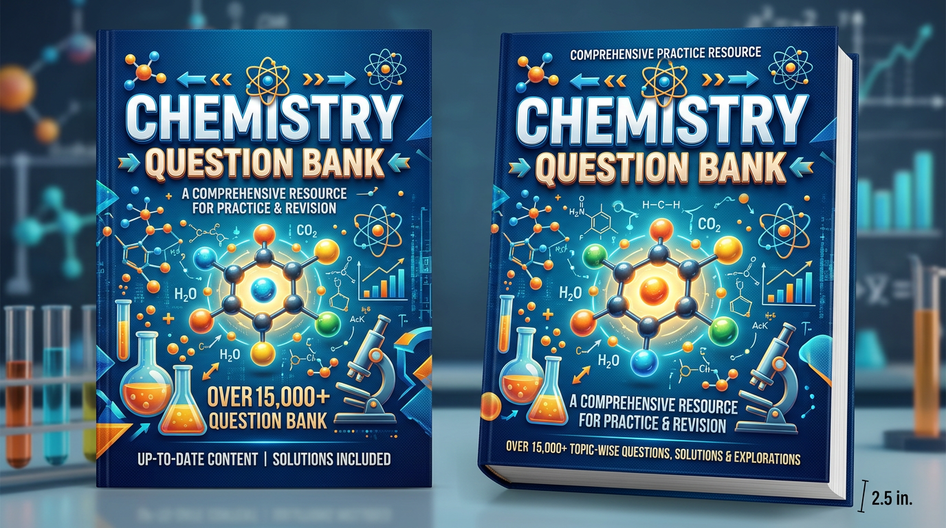 Chemistry question bank book cover featuring molecular structures, chemical symbols, and laboratory equipment icons.