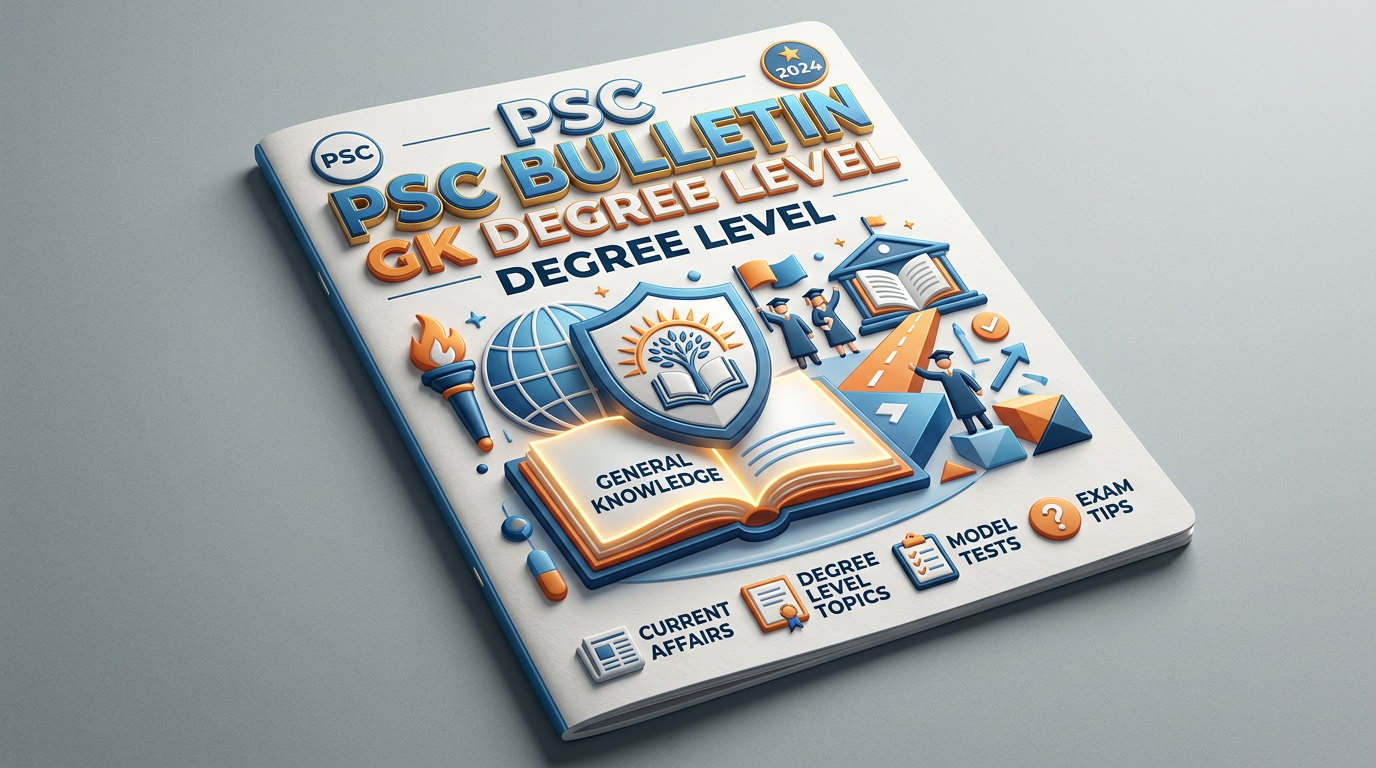 PSC bulletin cover with general knowledge, current affairs, degree level topics, model tests, and exam tips