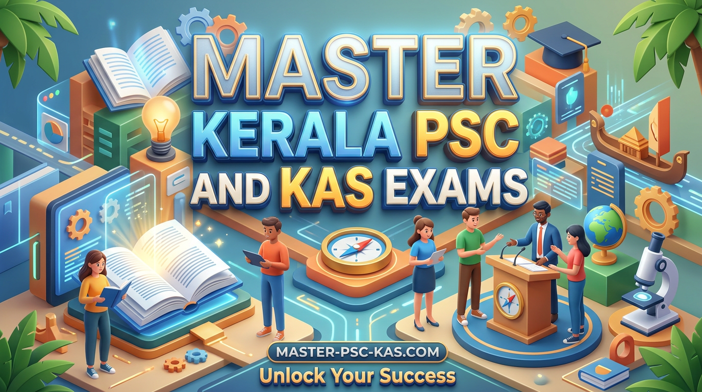 Illustration of students studying and discussing with books, a podium, and educational icons for Kerala PSC and KAS exams