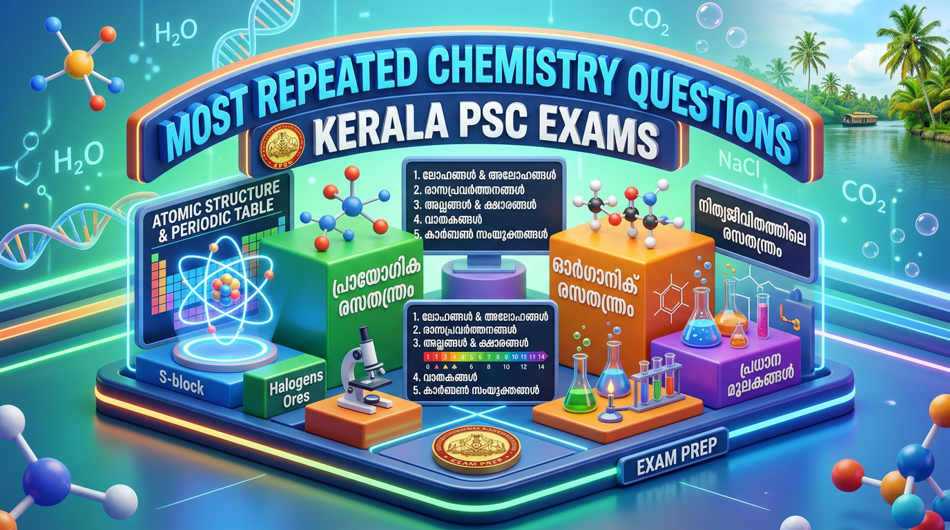 Chart showing most repeated chemistry questions for Kerala PSC exams with atomic structures, periodic table, organic and inorganic chemistry topics