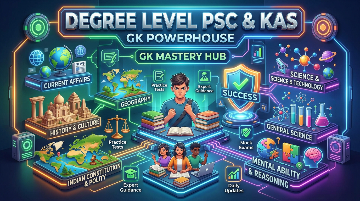 Diagram showing subjects and features of a GK Mastery Hub for PSC and KAS exams including current affairs, history, geography, science, constitution, mental ability, practice tests, and expert guidance.