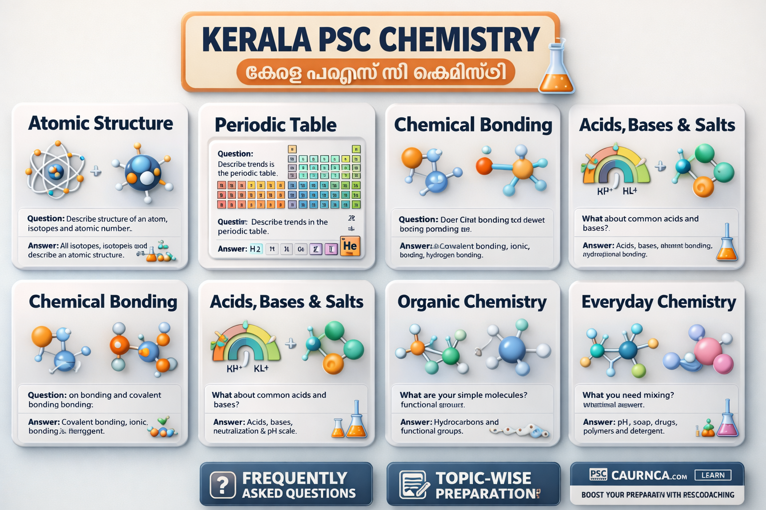 Kerala PSC chemistry topics including atomic structure, periodic table, chemical bonding, acids bases salts, organic chemistry, everyday chemistry