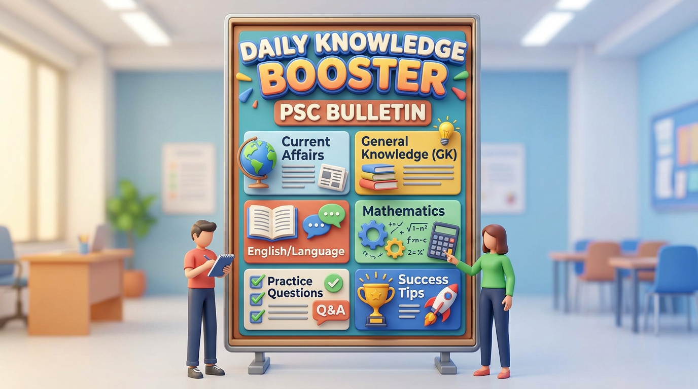 Bulletin board listing PSC study topics such as Current Affairs, General Knowledge, English, Mathematics, Practice Questions, and Success Tips