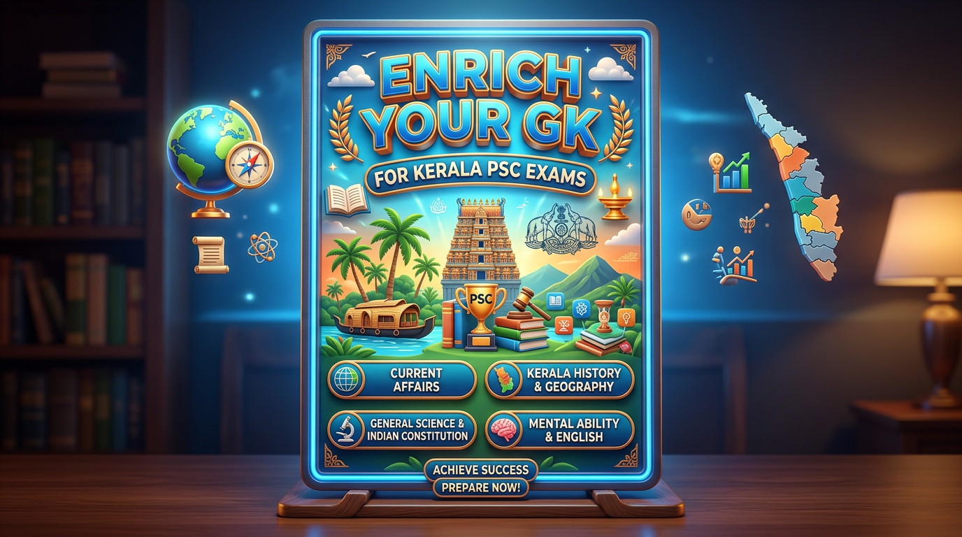 Study guide for Kerala PSC exams covering current affairs, Kerala history and geography, general science and Indian constitution, mental ability and English