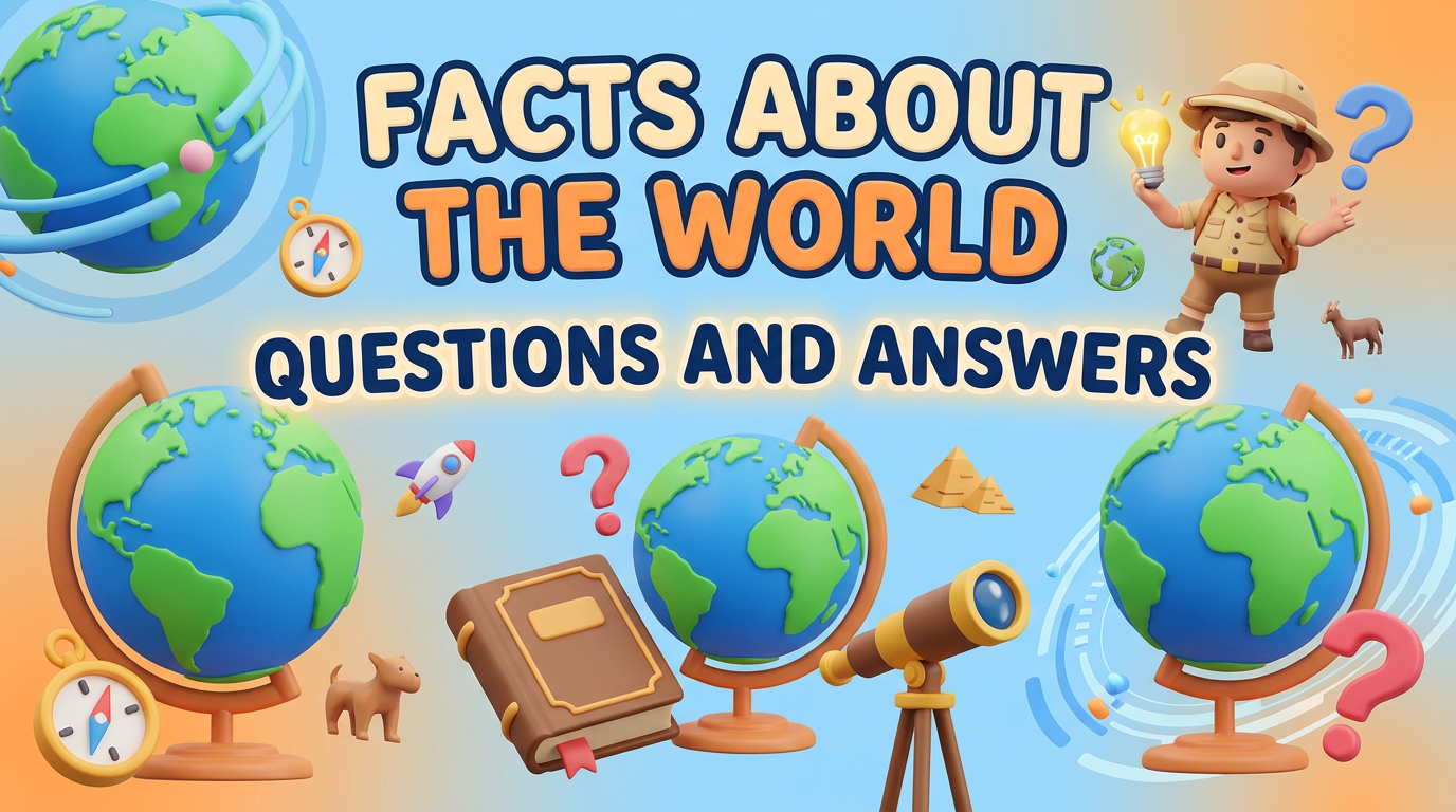 Globes, explorer character holding lightbulb, book, telescope, compasses, and question marks representing world facts and Q&A
