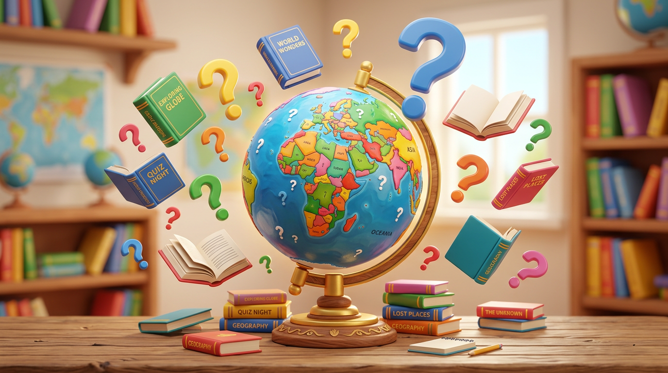 A globe with various countries labeled, surrounded by floating books and colorful question marks symbolizing geography quizzes and exploration