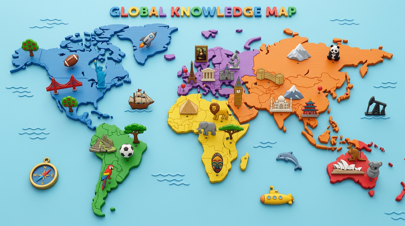 World map with icons representing landmarks, animals, and cultural symbols by continent