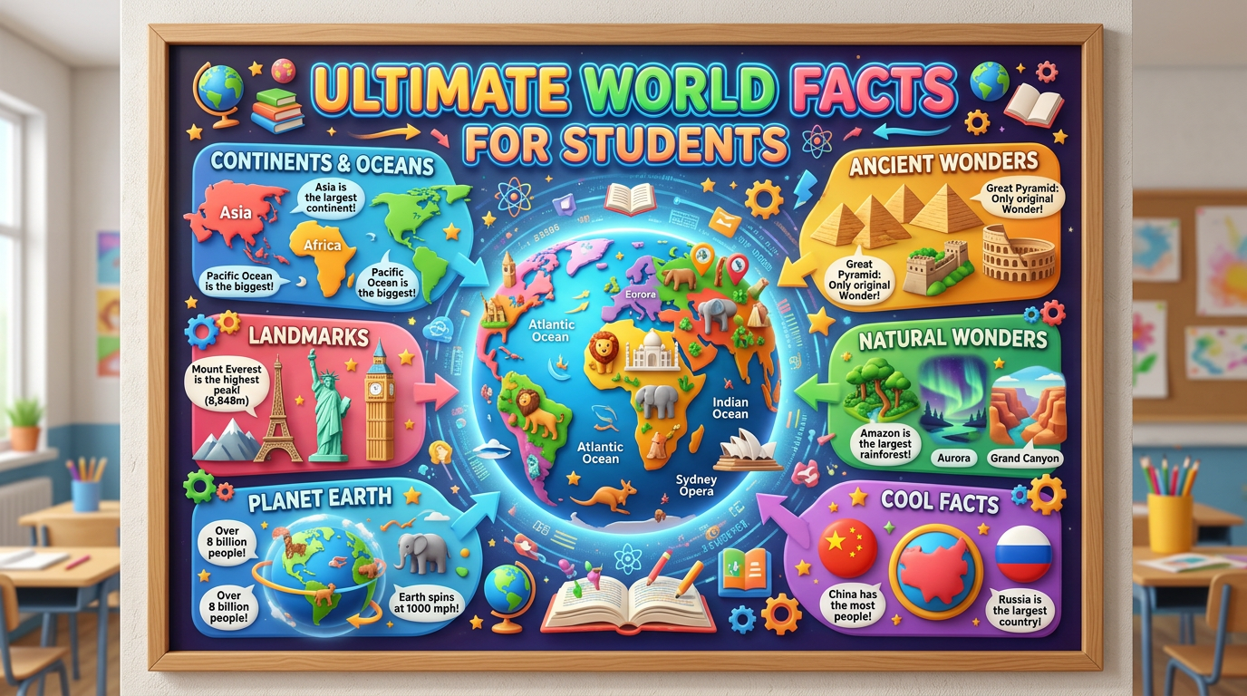 Colorful educational poster with world facts about continents, landmarks, oceans, wonders, and cool facts