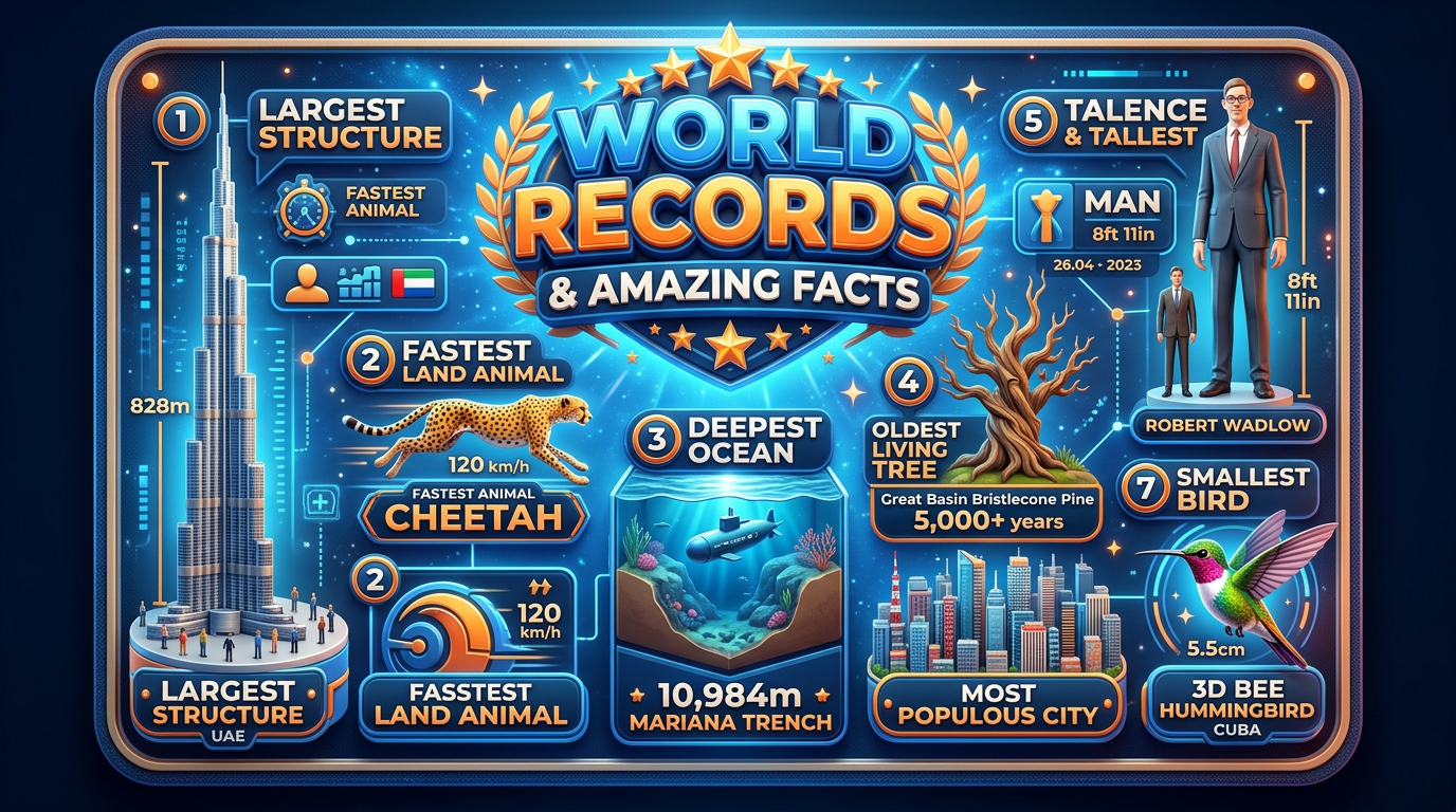 Infographic highlighting the largest structure, fastest land animal, deepest ocean point, oldest living tree, tallest man, most populous city, and smallest bird.