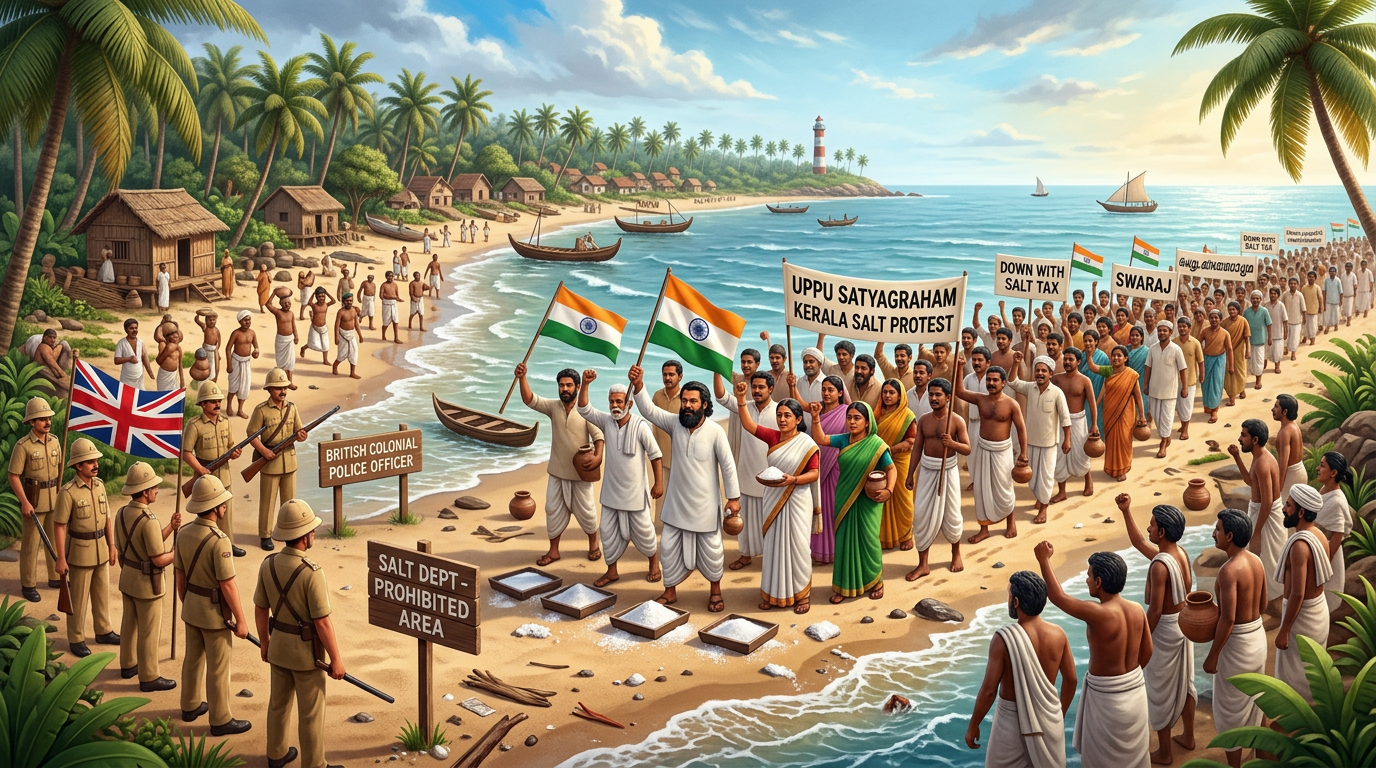Large group protesting British salt tax on Kerala beach holding flags and banners