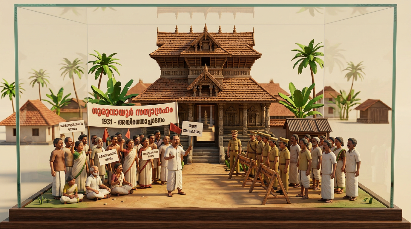 Miniature figures representing protestors and police officers in front of Guruvayur temple model with Malayalam signs.