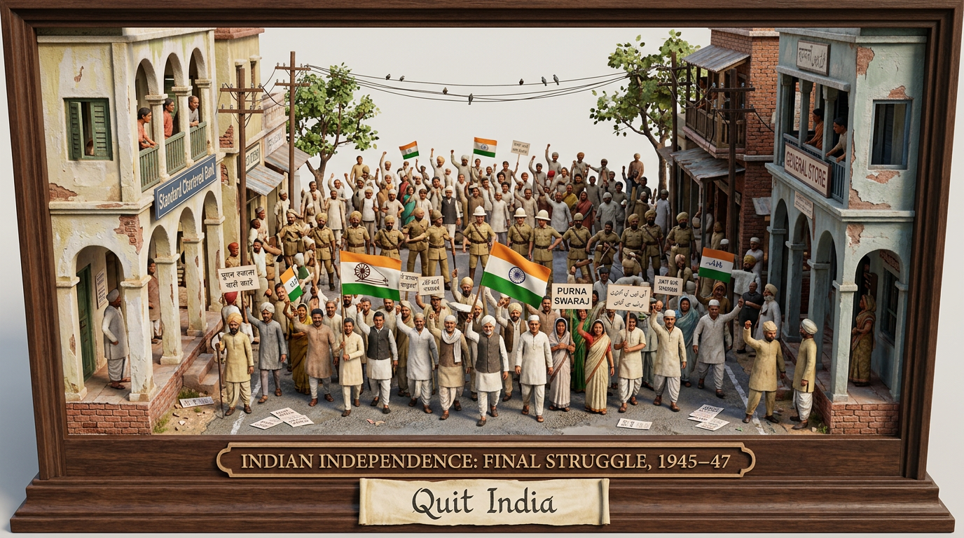 Diorama labeled “Indian Independence: Final Struggle, 1945–47” and “Quit India”