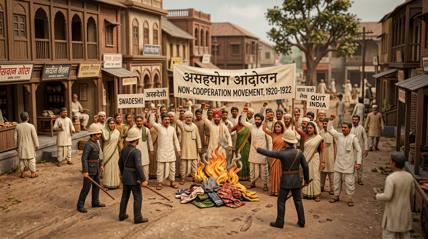 Protesters holding Non-Cooperation Movement 1920–1922, Swadeshi, and Quit India signs