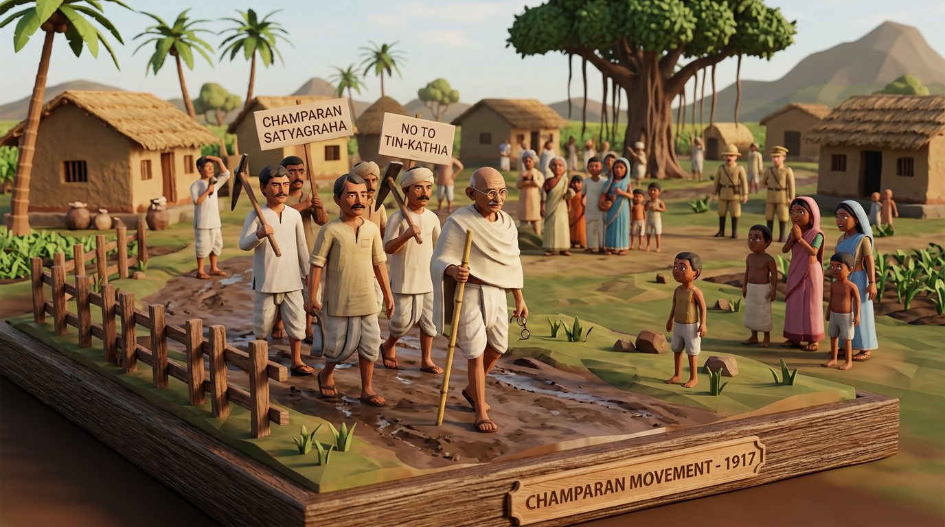 Diorama of Gandhi leading Champaran Satyagraha protesters in 1917