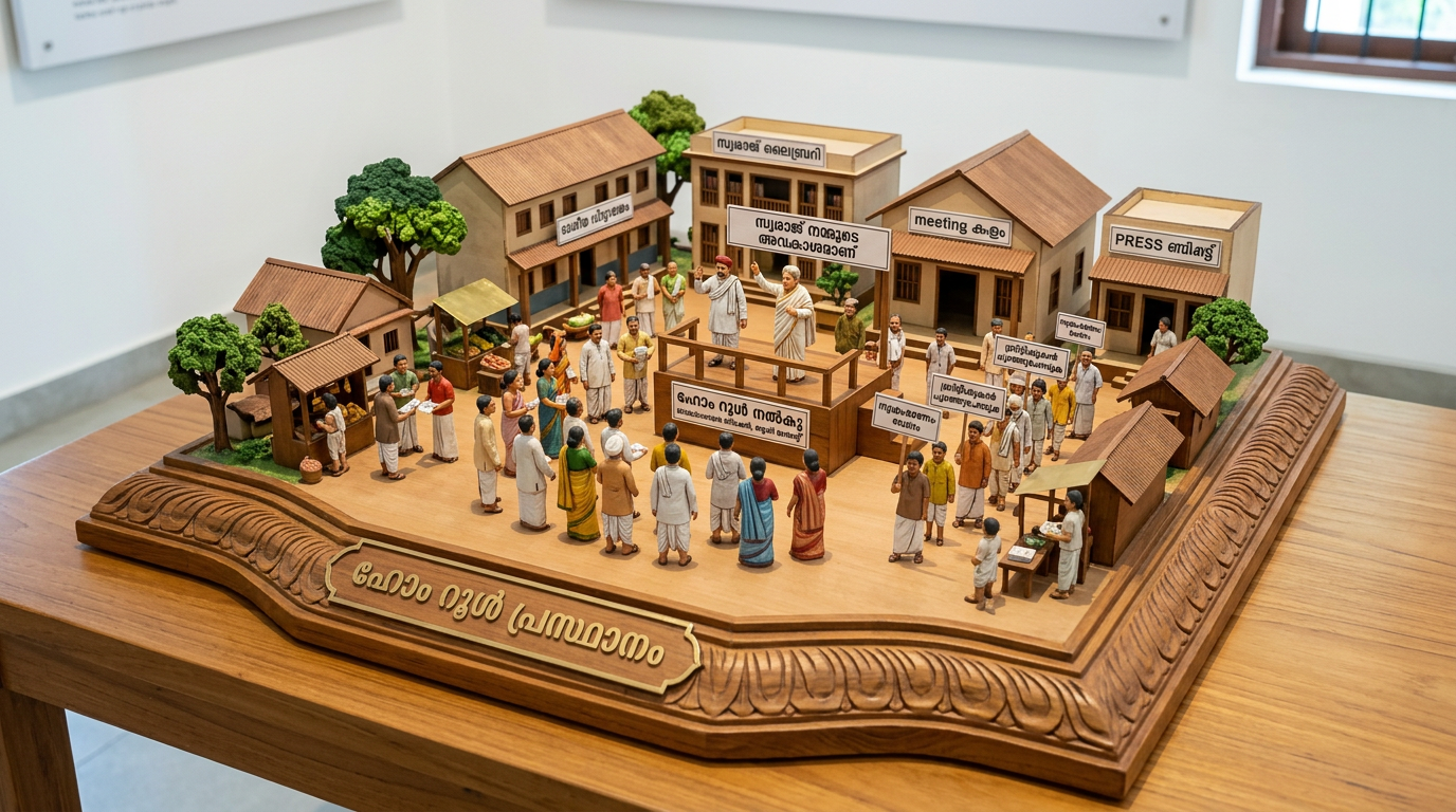 Miniature village diorama with people gathered around a raised public platform