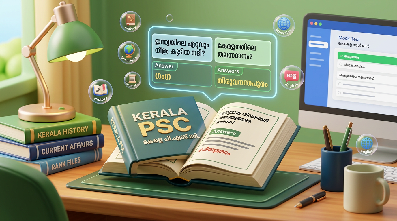 Kerala PSC books, Malayalam questions, English labels, and mock test computer