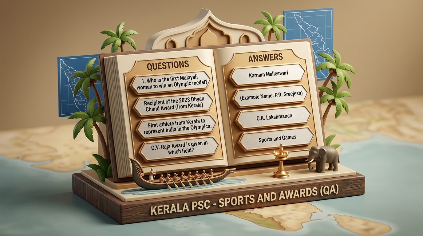 Kerala PSC - Sports and Awards (QA); Questions: Who is the first Malayali woman to win an Olympic medal? Recipient of the 2023 Dhyan Chand Award (from Kerala). First athlete from Kerala to represent India in the Olympics. G.V. Raja Award is given in which field? Answers: Karnam Malleswari. (Example Name: P.R. Sreejesh). C.K. Lakshmanan. Sports and Games.